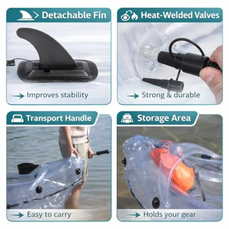 Clear Kayak for Two Adults - Transparent Inflatable Tandem with Adjustable Seats, Pump, Paddles, Carry Bag Tracking Fin - See-T