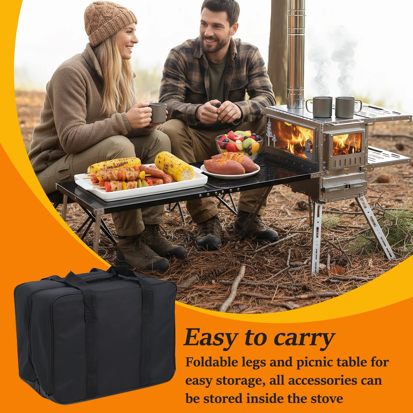 Portable  Stoves with Oven & Camping Table with Chimney Pipe Hot Tent Stove Stainless Steel for Heating Cooking Hunting