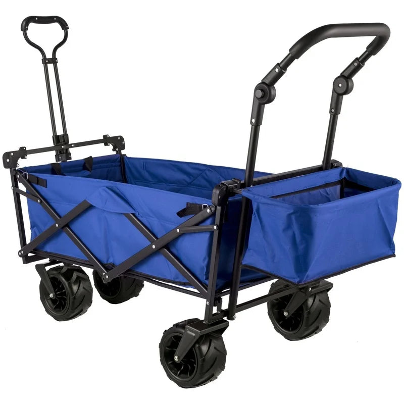 Blue Collapsible Garden Cart with Removable Canopy, Folding Wagon for Garden, Camping, Grocery, Shopping