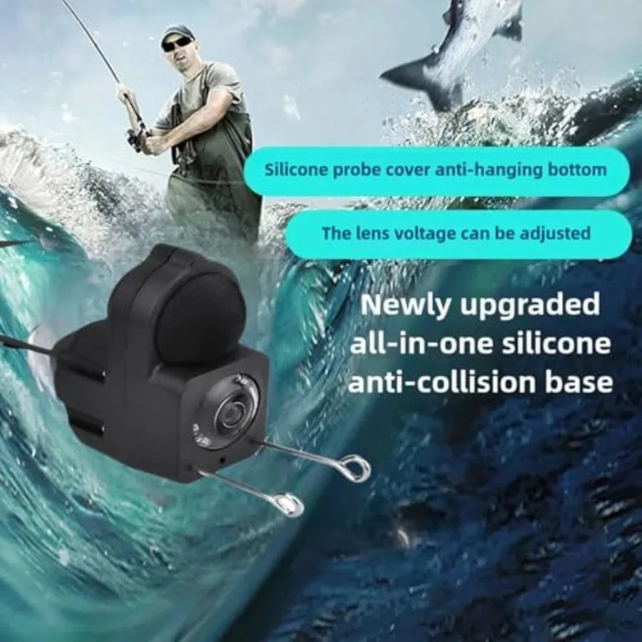 Ice fishing, lake, and offshore angling underwater fish finder camera with ultra-wide lens, black housing, enhanced low-light v