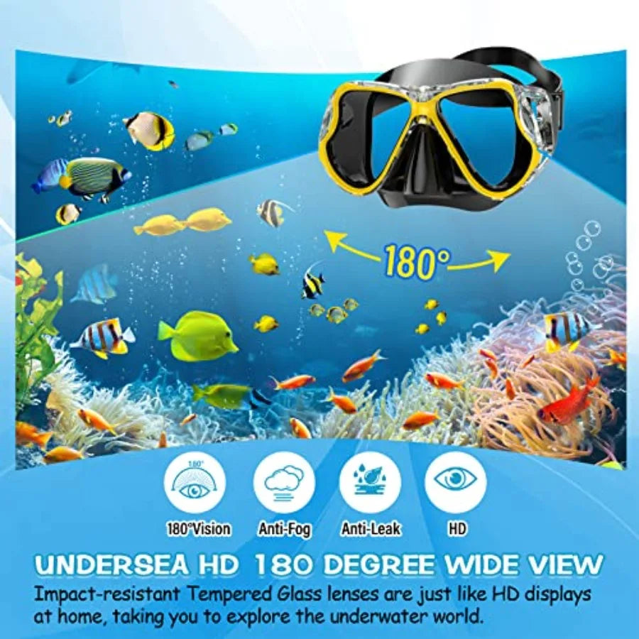 Dry Snorkel Set, Panoramic Wide View Anti-Fog Scuba Diving Mask, Professional Snorkeling Gear for Adults