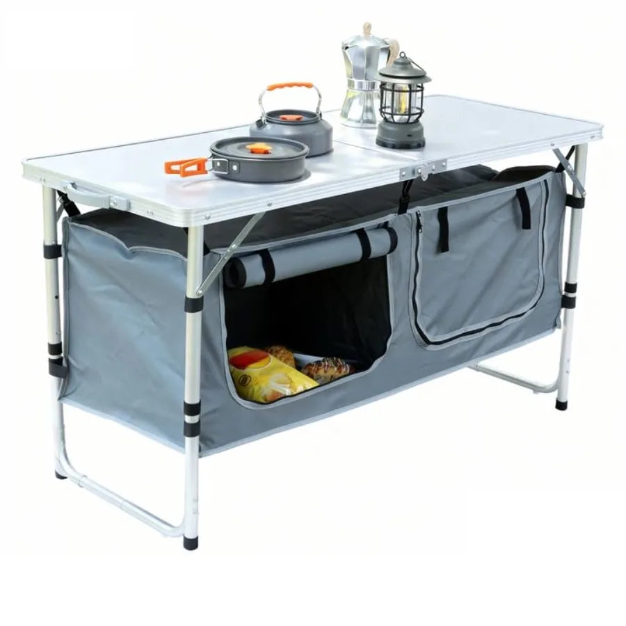 Camping Table, Folding Camping Table with Storage, Portable Kitchen Table, Lightweight, 3 Heights Adjustable Camping Furniture