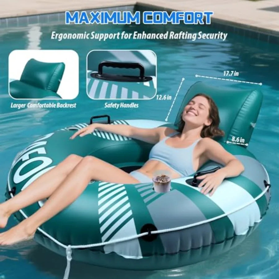 Pool Float Adult, Inflatable River Tube Float, River Tubes for Floating Heavy Duty with Mesh Bottom, Comfortable Backrest and 2