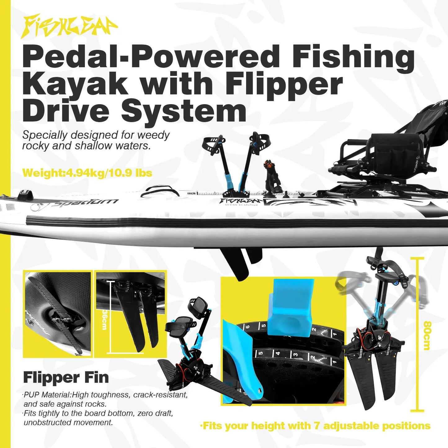 Spatium 11.5ft Flipper Pedal Drive Fishing Inflatable Kayak with Motor, Fishing Board Hull for Shallow-Water Navigation,360°Rotatable & Adjustable Seat