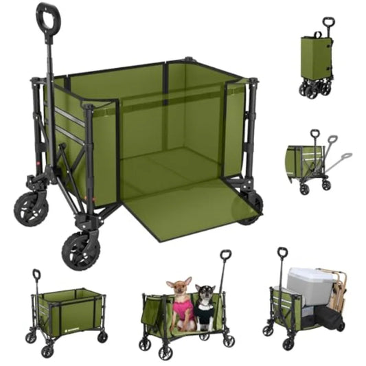 Foldable utility wagon for beach, garden, camping, sports; steel frame, black; 220 lbs capacity, 120L volume, collapsible with