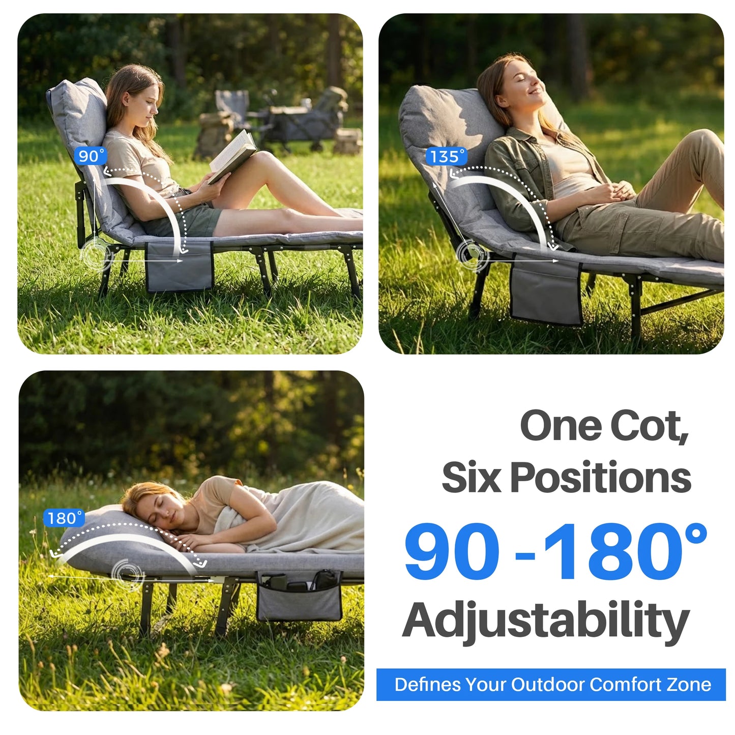 JHK Adjustable Folding Camping Bed with Mattress  Lightweight Camping Cot with Carry Bag 6 Angle Foldable Camping Bed for Camp Outdoor Supports 450 lbs