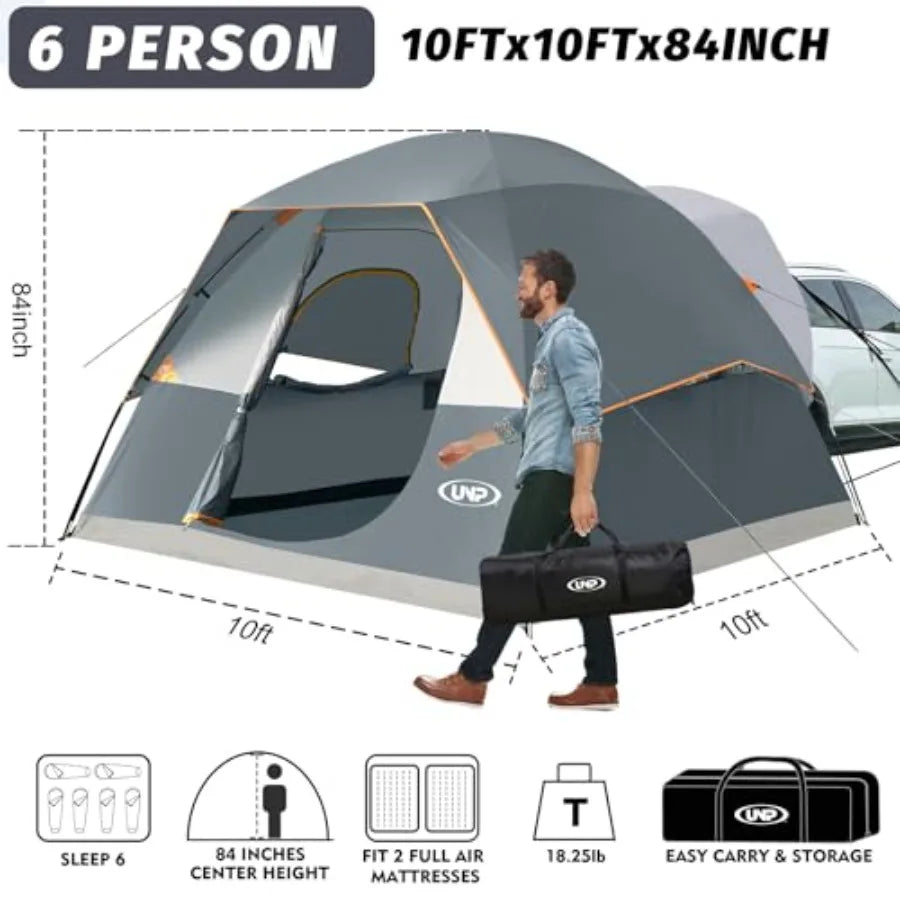 SUV dome tent for camping: 6-person outdoor car camping tent, easy setup SUV tailgate tent with rainfly, 10' x 10', polyester f