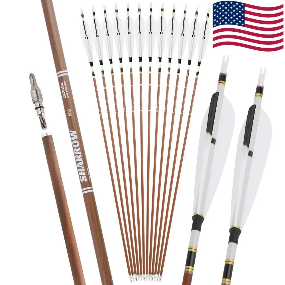 Archery Arrows 12pcs 31 Inch Pure Carbon Spine 340-600 with Turkey Feathers for Hunting Target Shooting and Daily Practice