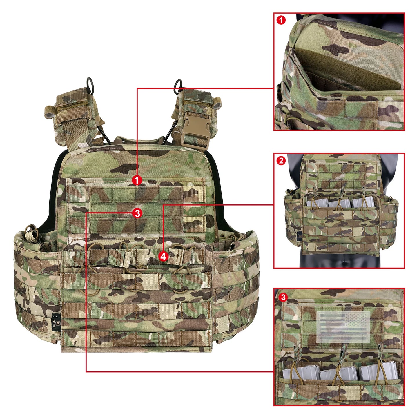 KRYDEX 500D CPC Heavy Duty Tactical Vest Modular MOLLE Plate Carrier Vest with Magazine & Radio Pouch for Combat Hunting Outdoor