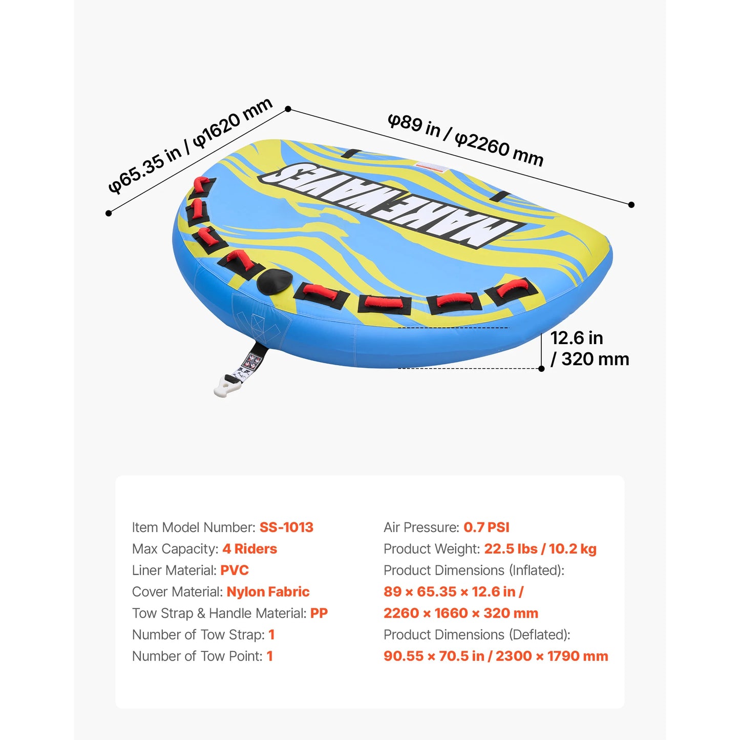 Towable Tubes for Boating 2-4 People Inflatable Boat Tubes and Towables with Anti-Slip Pad Water Sport Tube for Boat