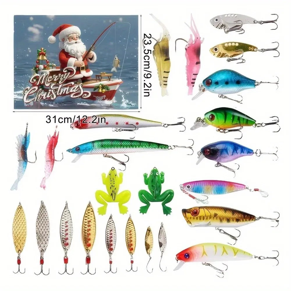 Fishing Lures, Fake Bait Set, 24-Compartment Design, 2025 Christmas Gift Calendar for Boys and Girls, 24-Day Christmas Countdown Calendar Hook Blind Box