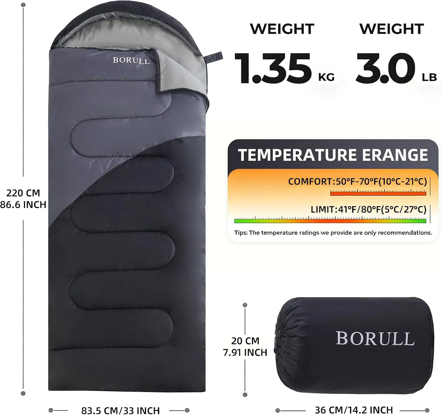 Lightweight Sleeping Bag 3lb, Packs 8"x14", 50-68°F, Machine Washable, Pairs to Double