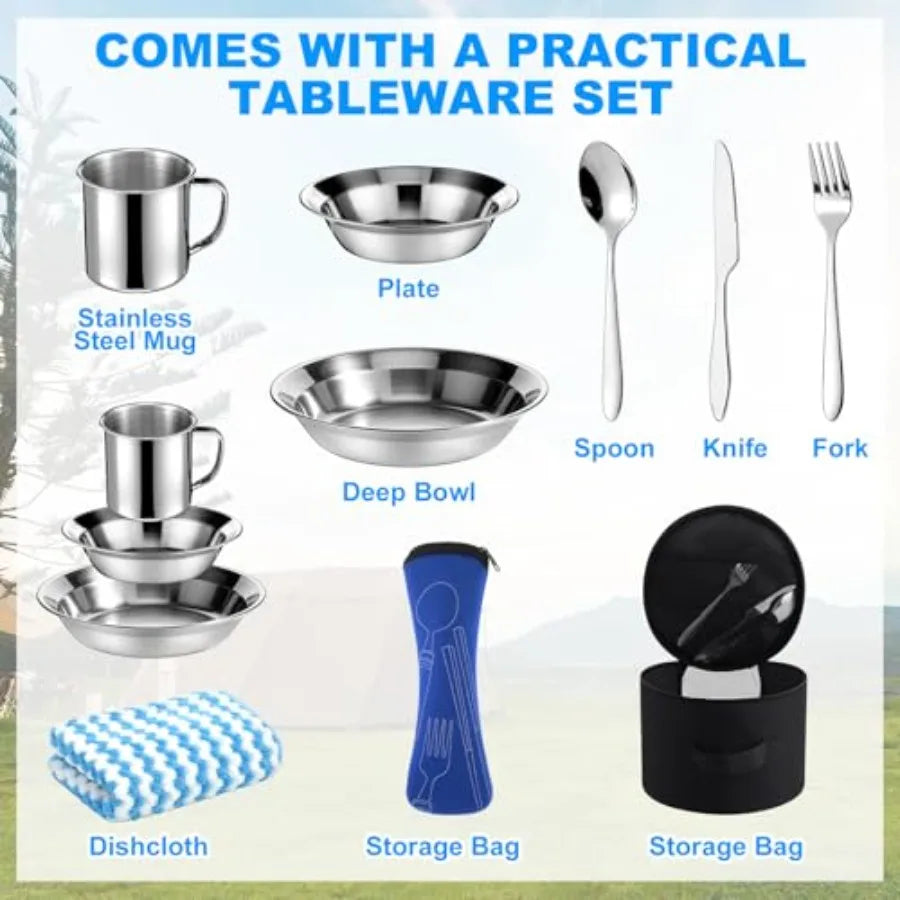 11 Pcs Camping Tent Set for Beginners Complete Outdoor Travel Gear with Tent Sleeping Bag Stainless Steel Mess Kit Waterproof T