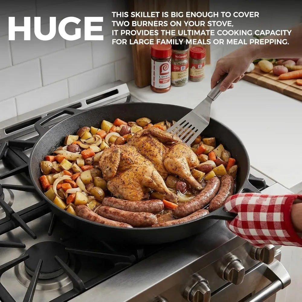Pre-Seasoned 17 Inch Cast Iron Skillet, Dual Handle Camping Frying Pan, Pizza Pan, Oven Safe Cookware