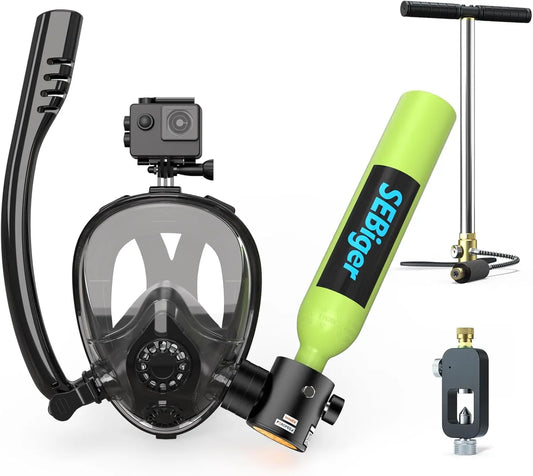 Mini Scuba Tank 0.5L with Full-Face Snorkel Mask, DOT-Certified for Underwater Breathing Support - Ideal Snorkeling Set