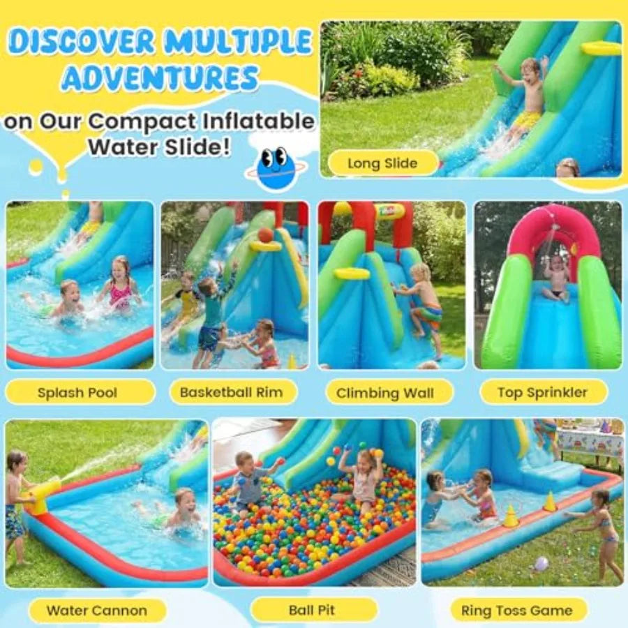 Inflatable Water Slide for:PVC, Blue, 8-in-1 Compact Backyard Outdoor Water Park with Long Slide, Ring Toss, Basketball Hoop, W