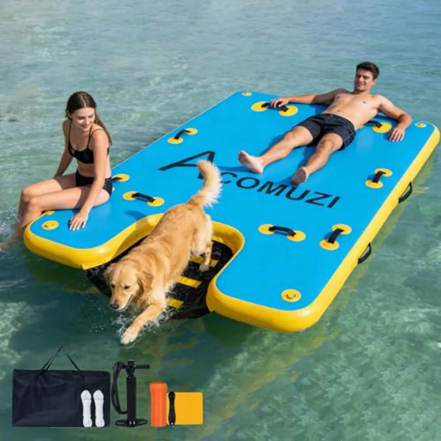 Inflatable Floating Dock With Dog Ramp For Lake Pool Beach Boat Use, Drop Stitch Material, Blue, 6 Inch Thick Heavy-Duty Portab