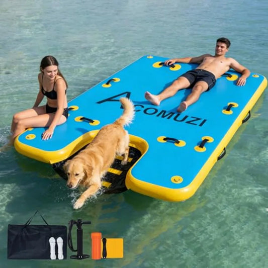 Inflatable Floating Dock With Dog Ramp For Lake Pool Beach Boat Use, Drop Stitch Material, Blue, 6 Inch Thick Heavy-Duty Portab