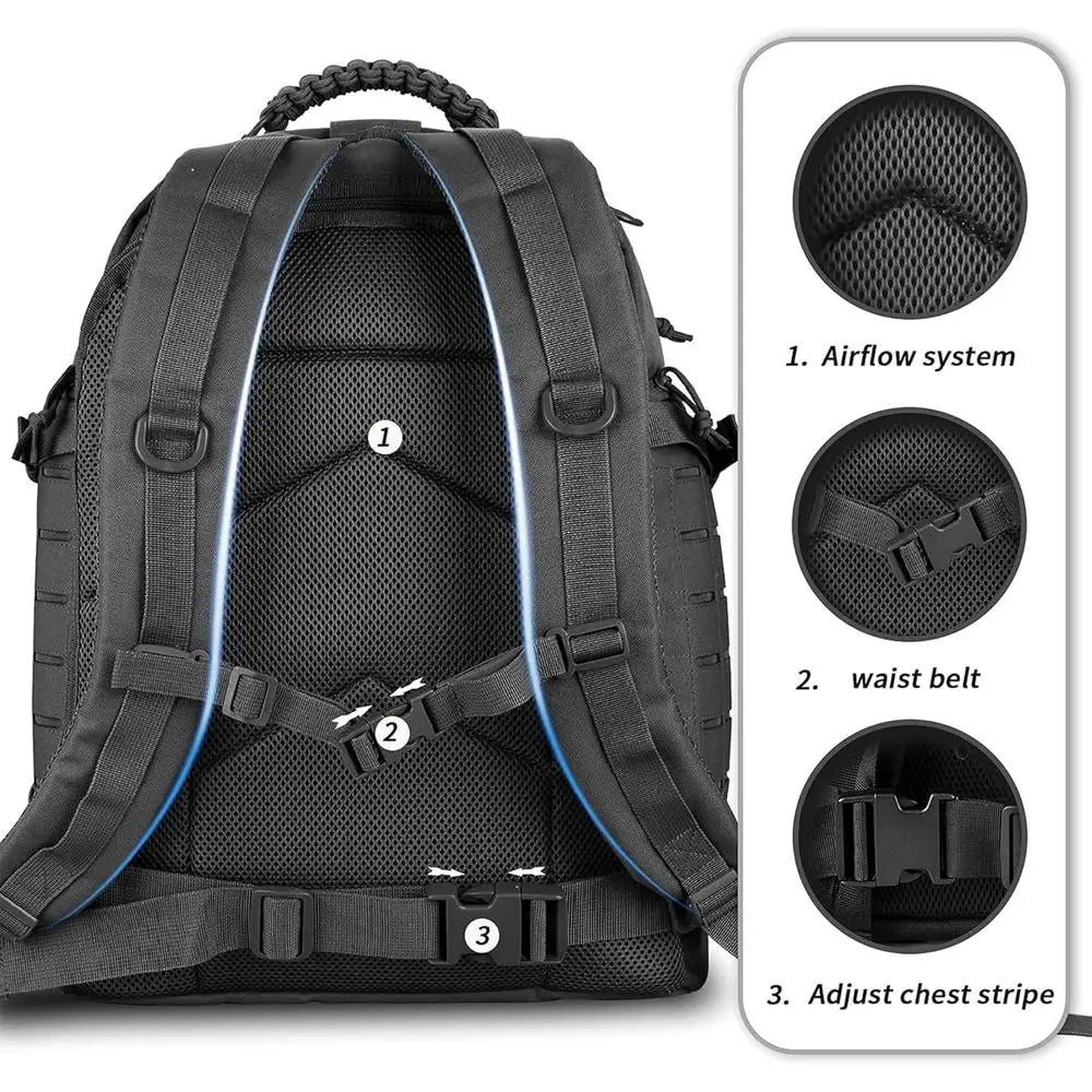 45L Black 3-Day Military-Grade Tactical Backpack with MOLLE System for Camping and Outdoor Adventures
