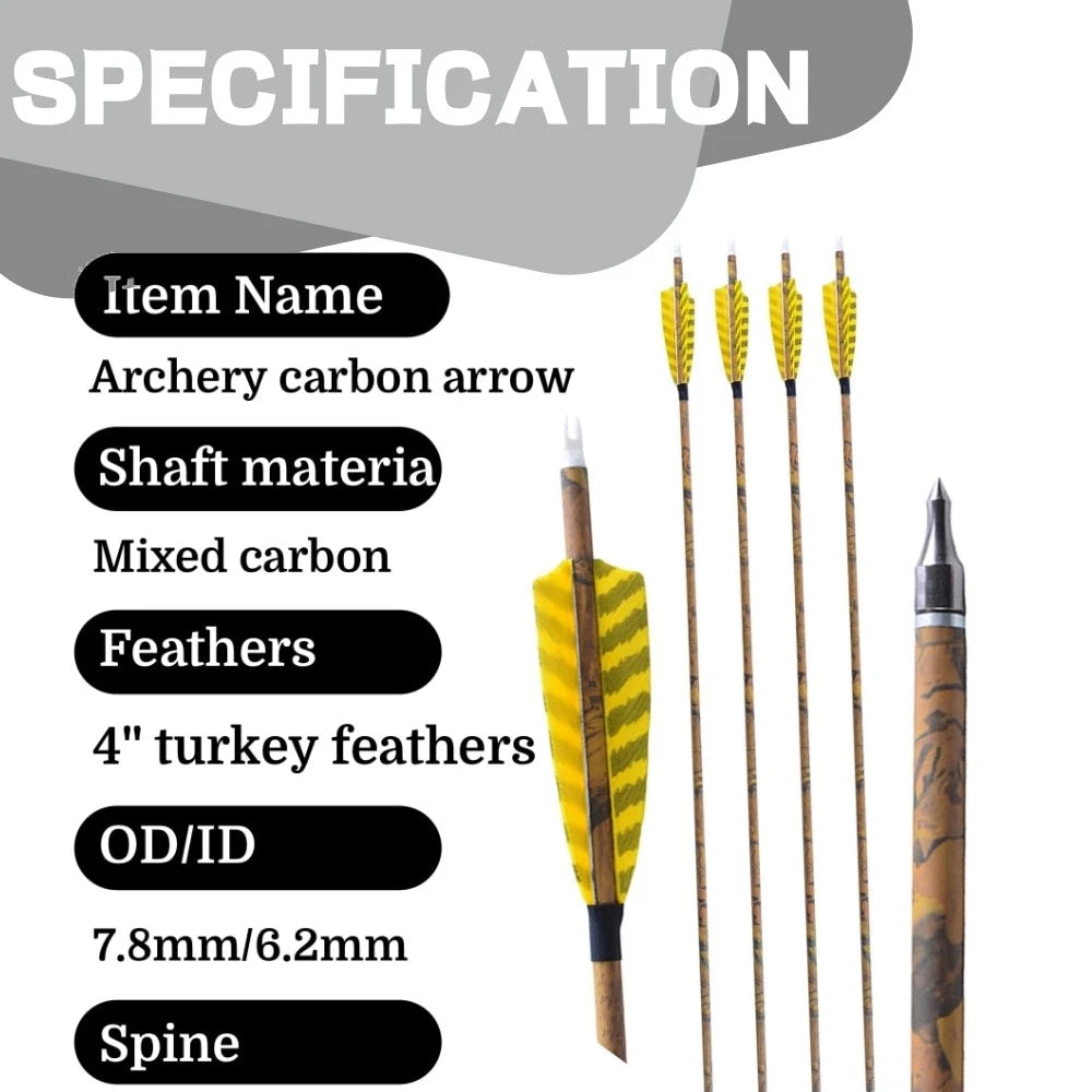 6/12pcs Archery Arrow Mixed Carbon Spine 500 Camo Color Arrow Shaft ID6.2mm 100 grain Arrowheads for Bow Hunting Shooting Target