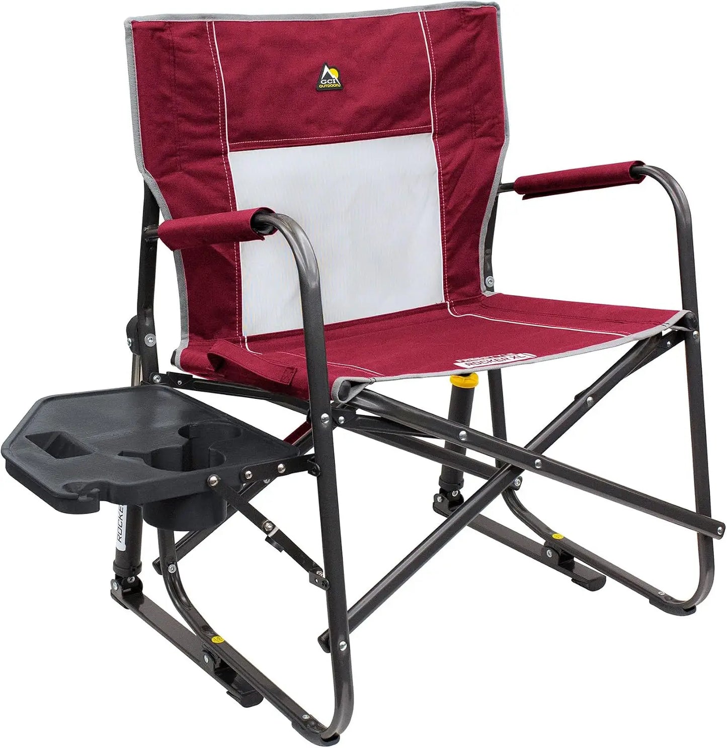 OUTDOOR Freestyle Rocker XL with Side Table Camping Chair | Portable Folding Rocking Chair with Solid, Durable Armrests, Drink Holder & Comfortable Backrest — Red