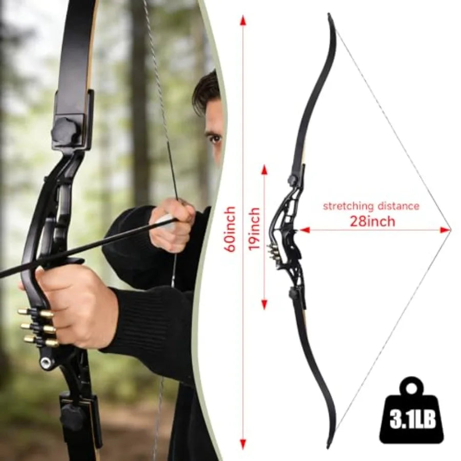 60 Recurve Bow Archery Set for Adult Right-Handed Hunting with USA Made Gordon Limbs 30-60lbs Black and Red Outdoor Target Shoo