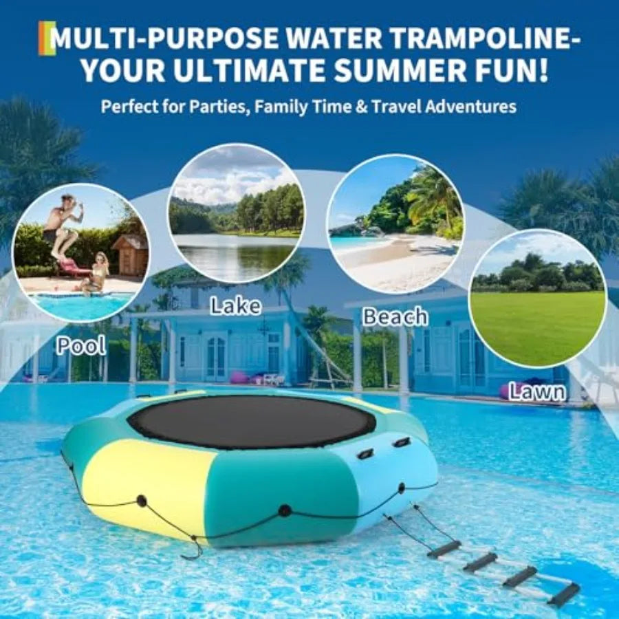 Inflatable Water Trampoline For Lakes And Pools, PVC Material, Blue And Yellow, Heavy-Duty Bounce Platform With Electric Inflat