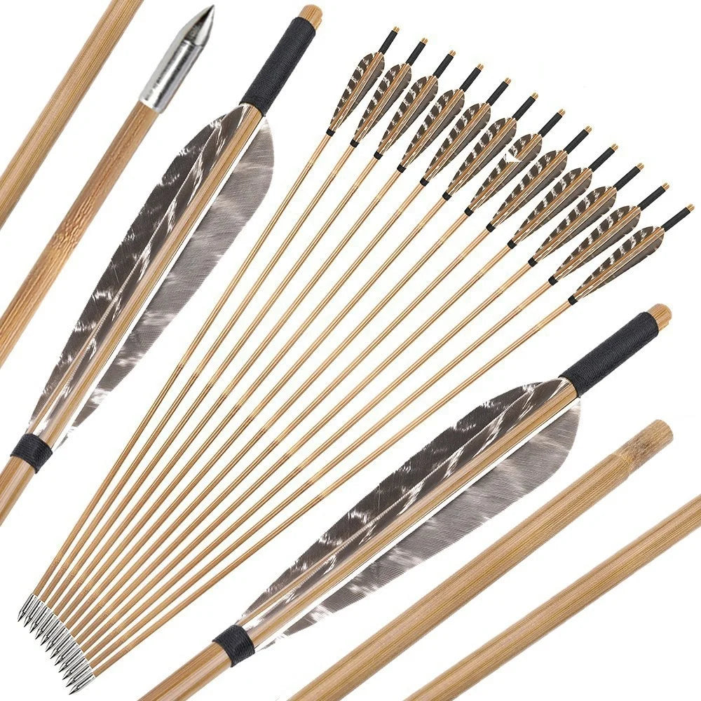 12 X Bamboo Archery Arrows 5" Feather Longbow Recurve Bow Hunting Shooting Shaft Diameter 8mm 5" waterdrop snow spot feather