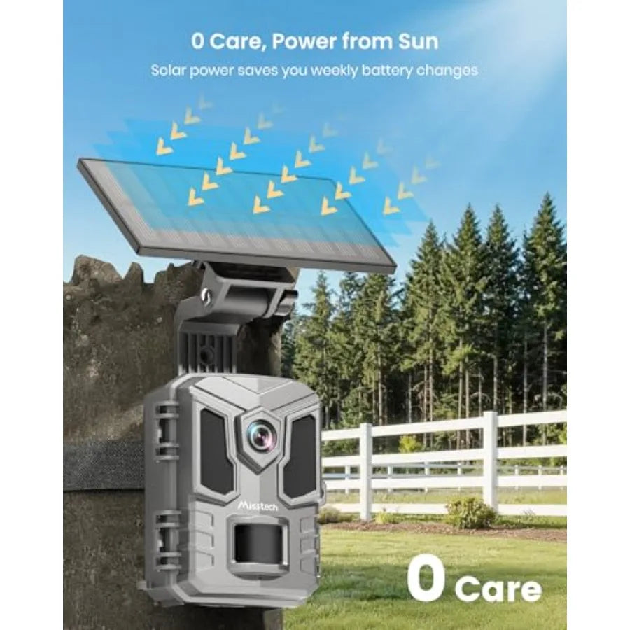 Outdoor wildlife monitoring solar trail camera with 4K UHD resolution, 64MP sensor, black IP66 housing, 0.1s motion activation,