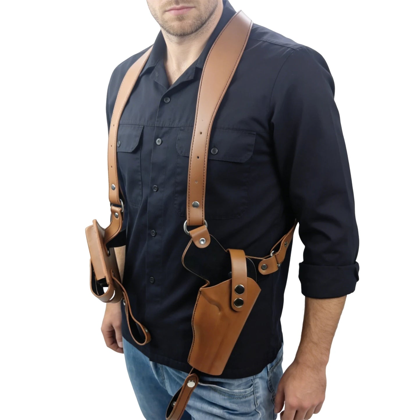 Leather General Vertical Gun Holster with Double Magazine Pouch Forearm Hidden Shoulder Holster Universal Fit for Most Pistols