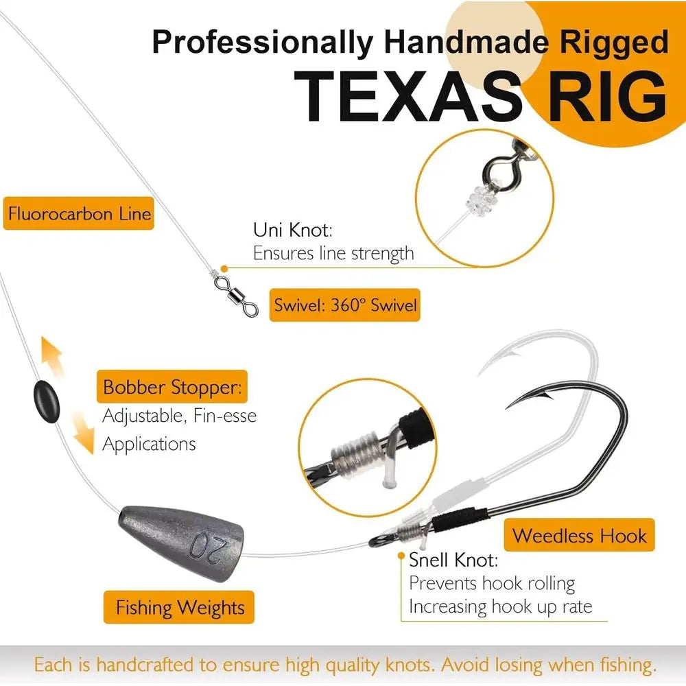 Bass Fishing Kit: 5pcs Texas Rigs with 2/0 & 3/0 Hooks, Swivels, Fluorocarbon Line & Various Weights