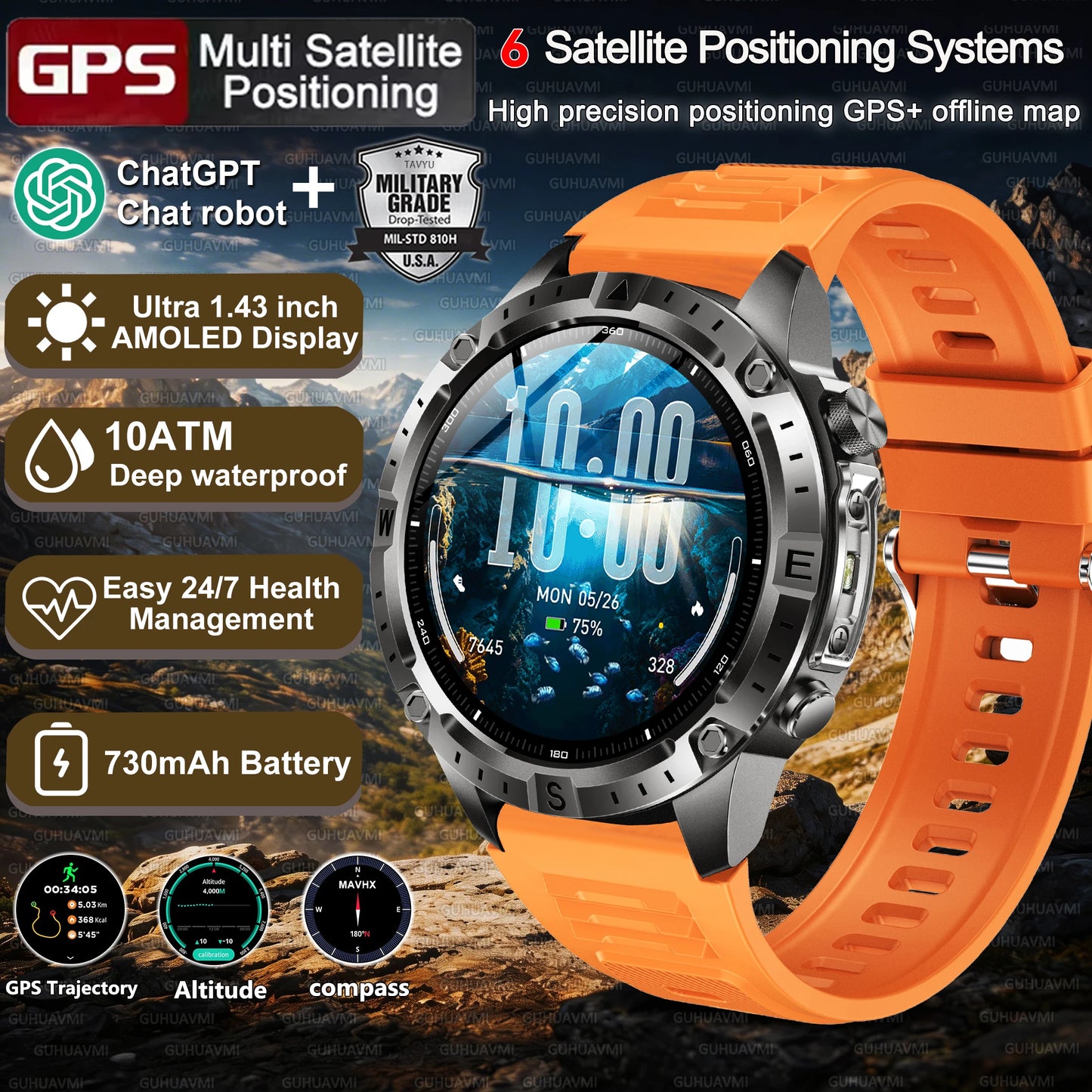 2026New Military Tank GPS SmartWatch Offline Map 10ATM Swim 2GB RAM Music Altitude Compass Bt Call Fitness Sports Smartwatch Men