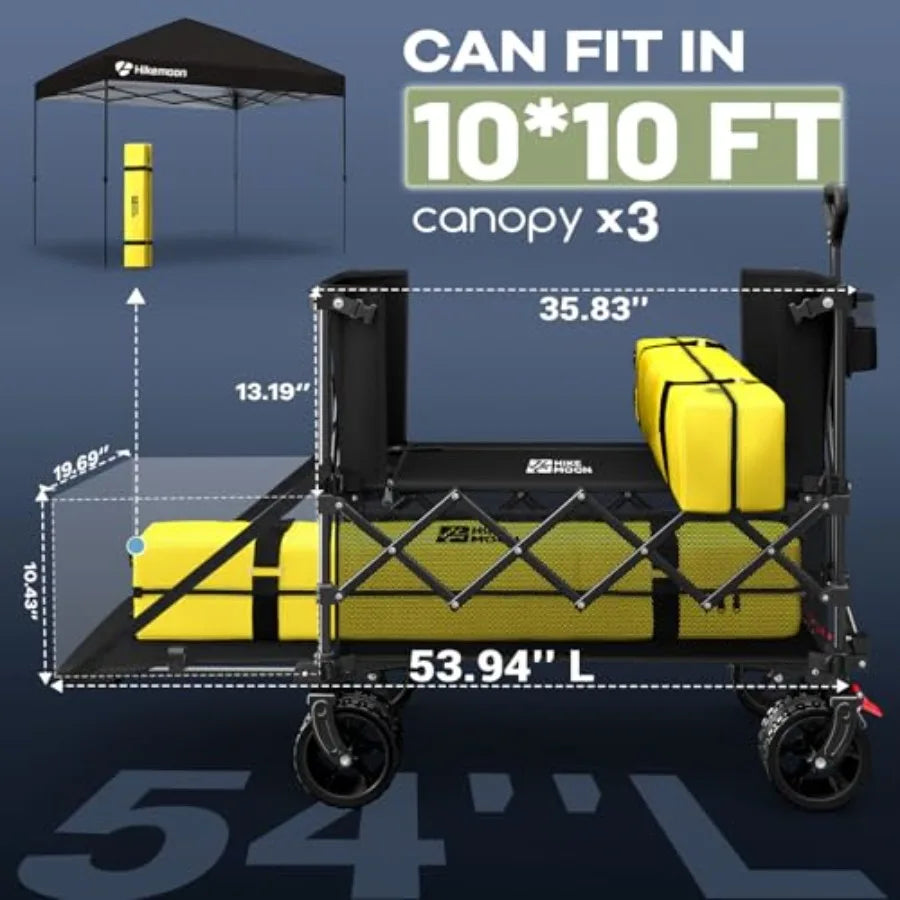 Beach camping sports utility folding cart: black heavy-duty 400L double decker wagon with tailgate 54'' extra long 560LBS capac