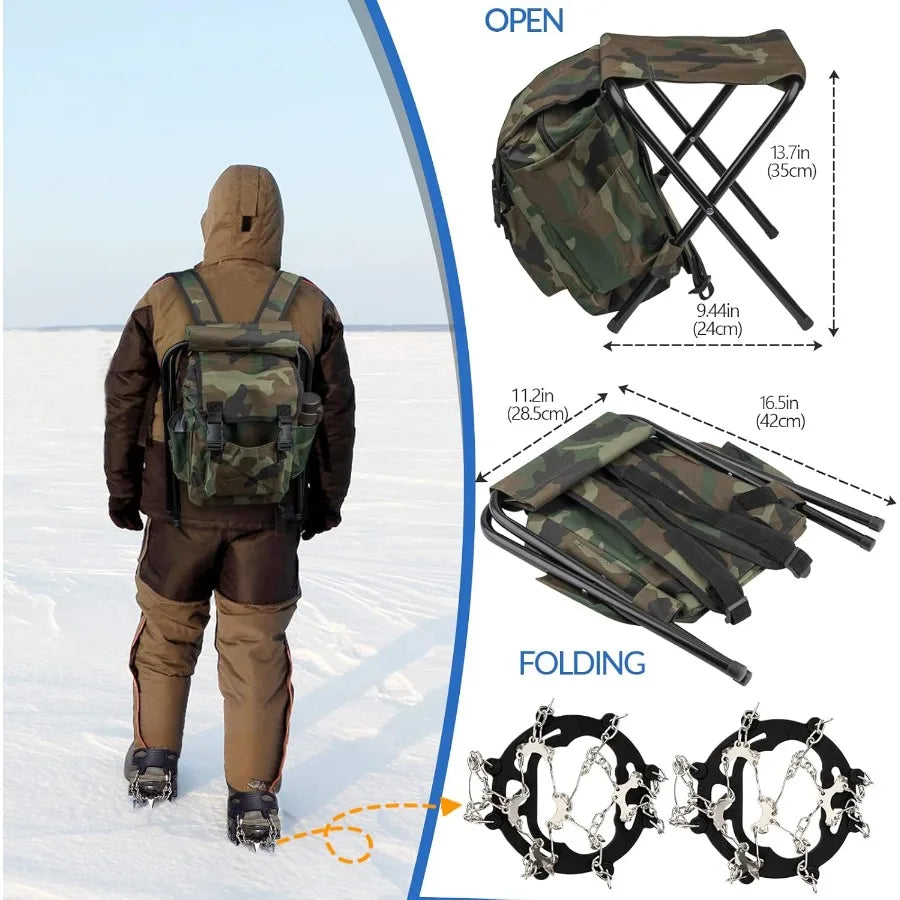 Complete Ice Fishing Gear Set with Backpack Seat Ice Cleats Jigs Line and Reel Combo for Winter Fishing in Cold Conditions Incl