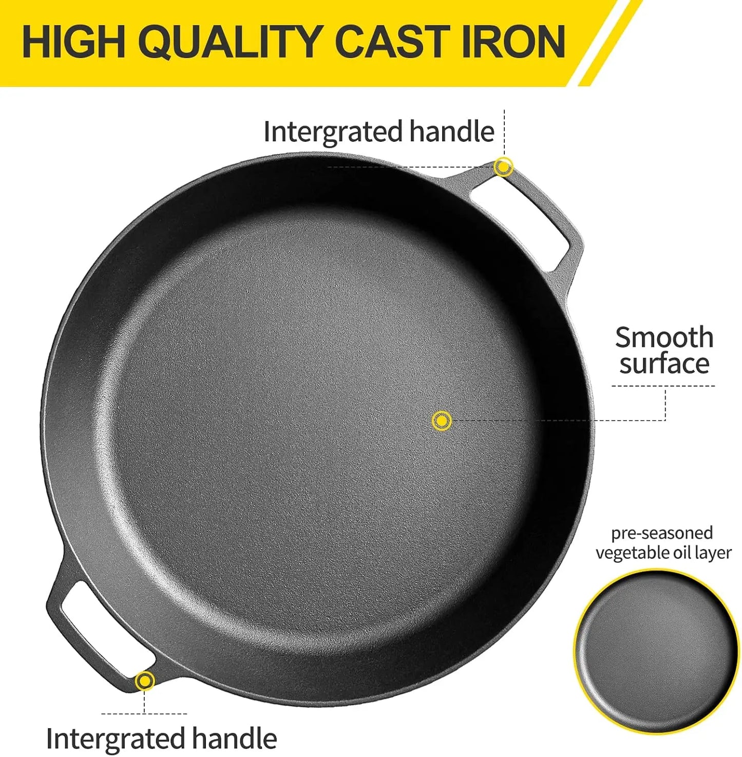 17 Inch Pre-Seasoned Cast Iron Skillet, Dual Handle Outdoor Camping Frying Pan, Pizza Pan, Use for Grill, Stovetop, Induction, Oven Safe Cookware