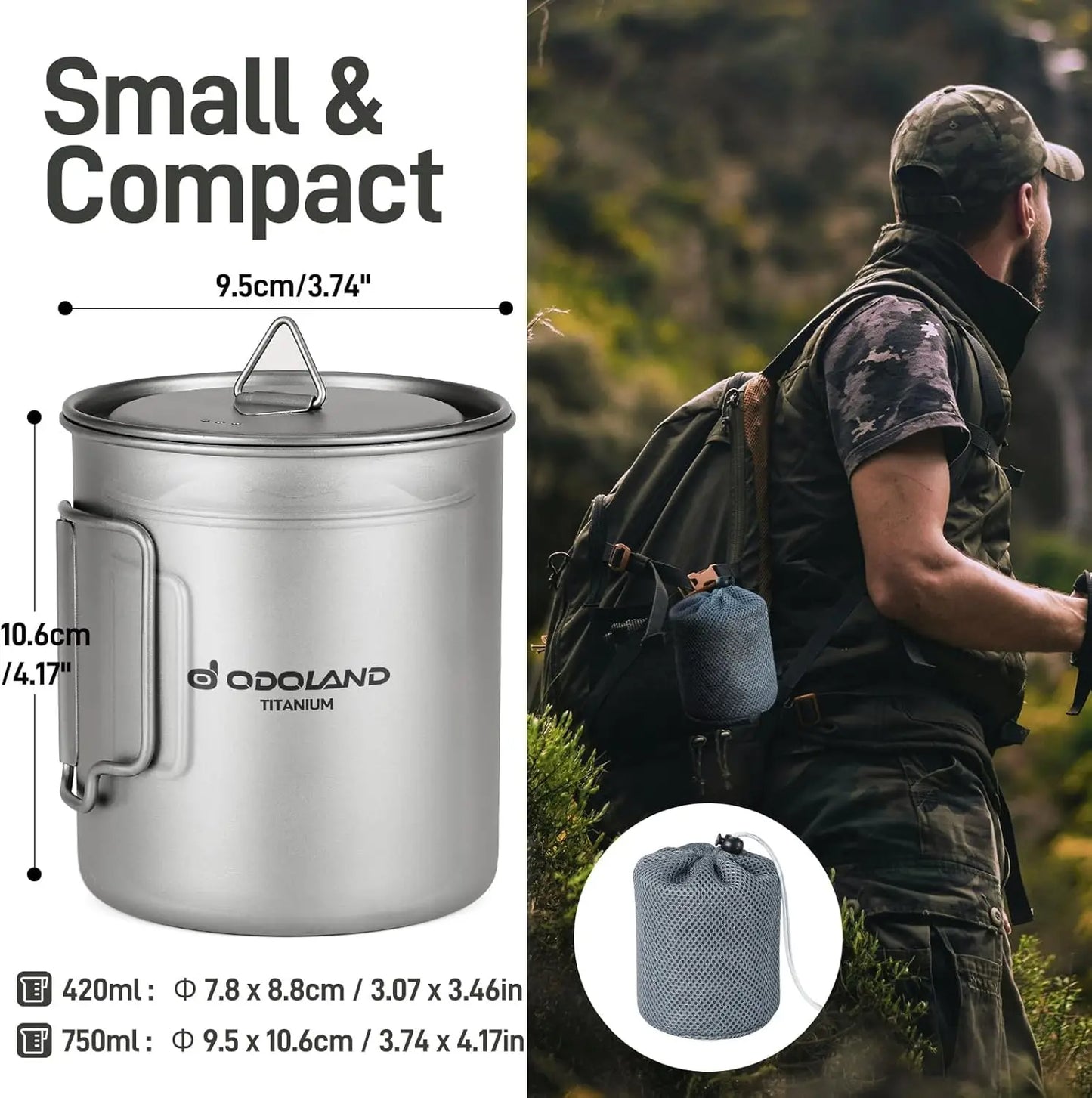 Titanium Camping Cookware 420ML & 750ML Pot with Lid and Spork, Lightweight Backpacking Cook Set for Hiking Travel Picnic