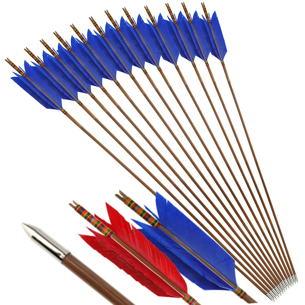 Turkey Feather Bamboo Arrows 6/12pcs 33.4" OD 8mm Slotted Nock Precision Balanced Shaft for Traditional Compound Recurve Bow Hunting Shooting Practice Archery Accessories
