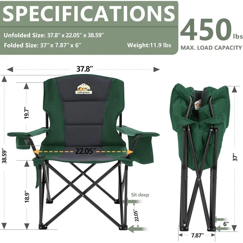 Double Pack Heavy Duty Camping Chairs - 450lbs Capacity, Portable Collapsible with Carry Bag, Cooler & Cup Holder, Ideal for Out
