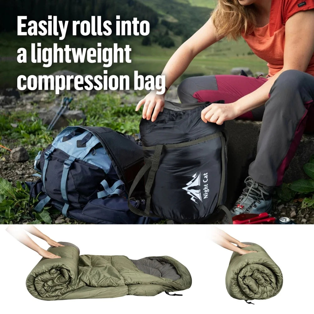 Night Cat Camping Sleeping Bag for Adults 3 Seasons Portable Lightweight Backpacking Hiking Traveling Indoor Outdoor Temperature 41–59 °F 2.6x6.3ft Switch to a Quilt or Blanket