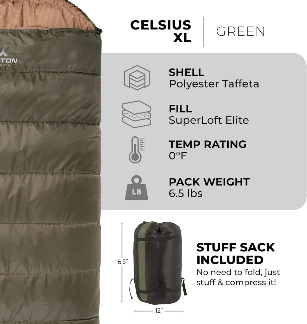 All Weather Sleeping Bag for Adults & Kids, Warm Camping Season, Compression Sack Included