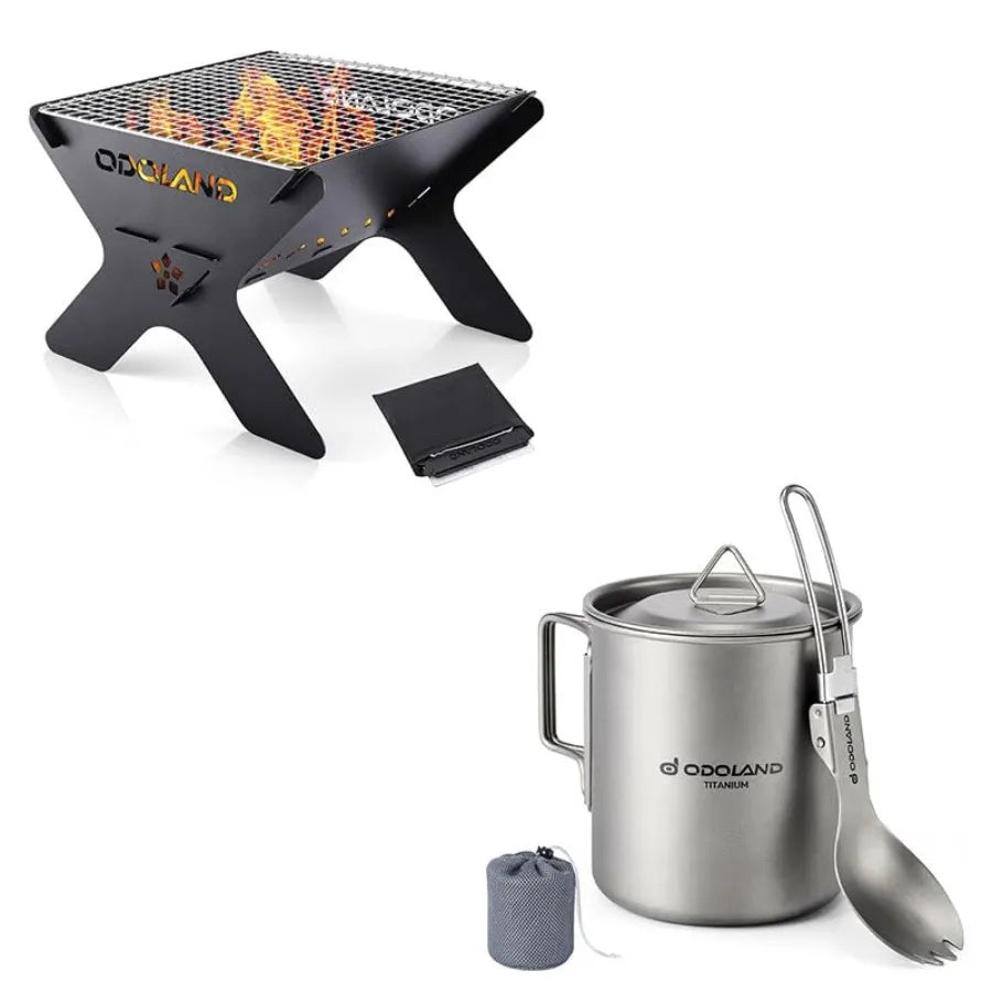 Bundle - 2 Items Camping Campfire Grill and Titanium Camping Cookware