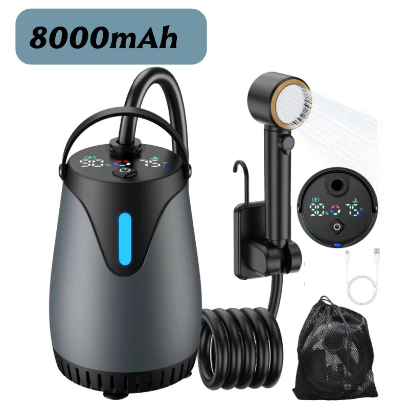 8000mAh Portable Camping Shower Kit Rechargeable Waterproof Outdoor Pump with Intelligent LED Display for Travel Car Pet