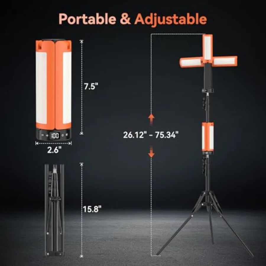 Camping Lights with Stand 12000mAh Rechargeable Work Light Max Height 75" Telescoping Portable Outdoor Lights with 3 LED Lamp H