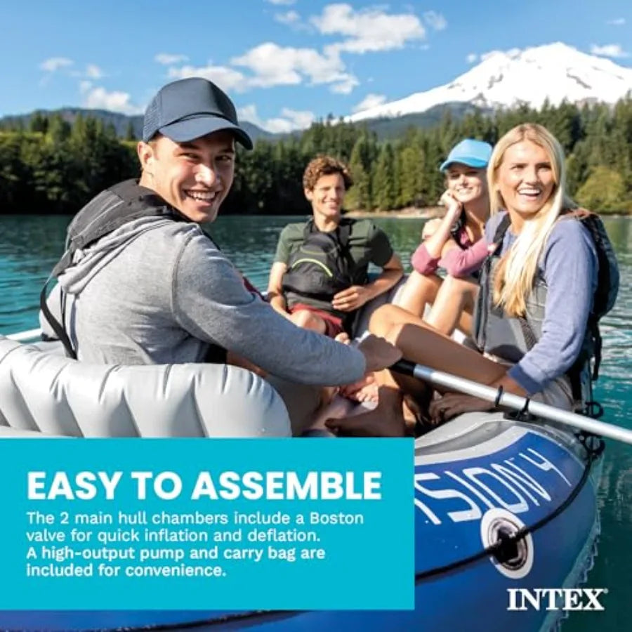 68324EP Excursion 4 Inflatable Boat Set: 54in Deluxe Boat Oars and High-Output Pump Adjustable Seats with Backrest Fishing Rod
