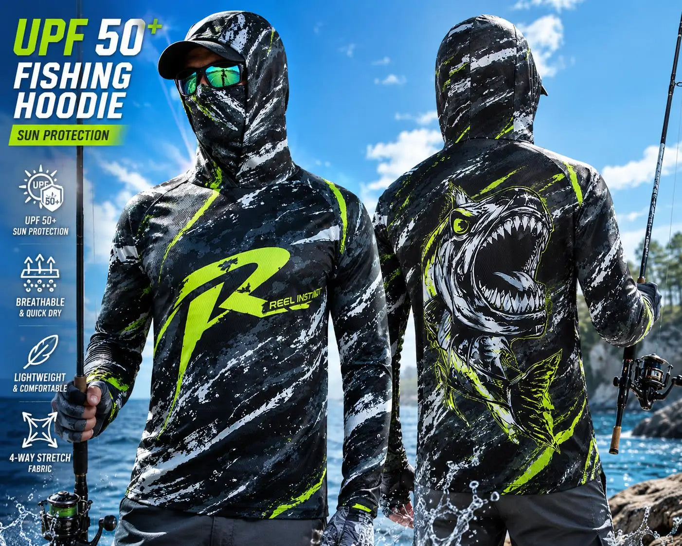 Men's Purple Camo Fishing Hoodie UPF 50 Sun Shirt Quick Dry Breathable Long Sleeve Outdoor Angling Jersey With Neck Gaiter