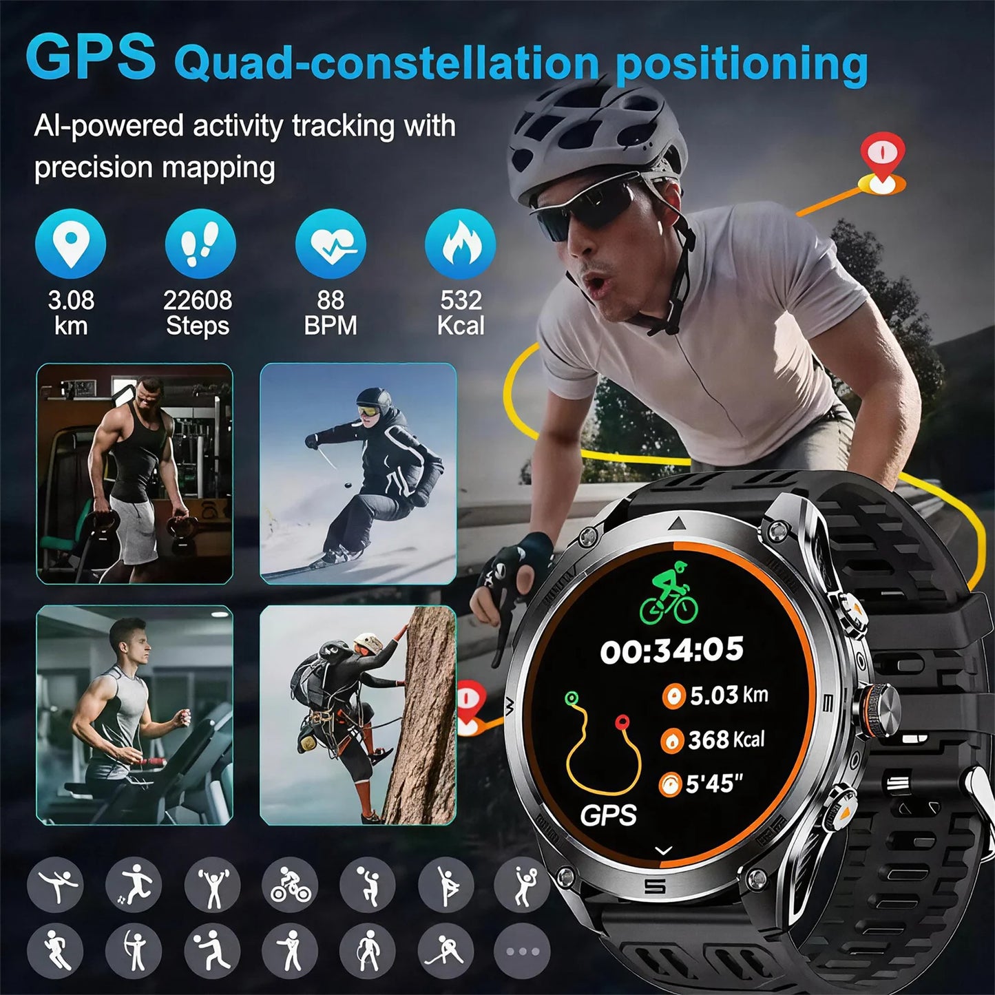 Military Grade Built‑in Map GPS Smart Watch 10ATM Waterproof 1000mAh 1.75" AMOLED Compass Altimeter BT Call Health Smart Watch