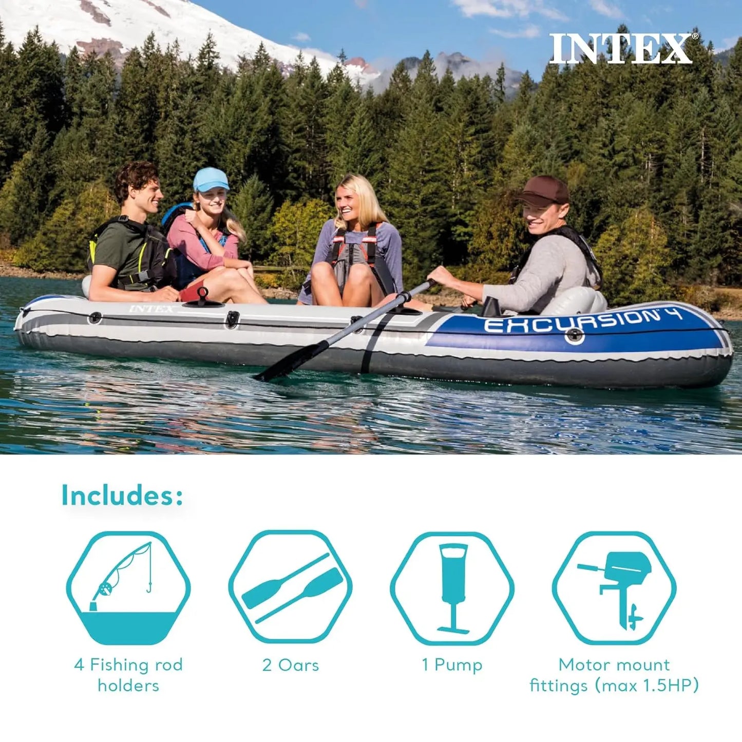 Excursion 5 Person Inflatable Boat Set with 2 Aluminum Oars and Pump,  12V Transom Mount Boat Trolling, and Motor Mount, Custom