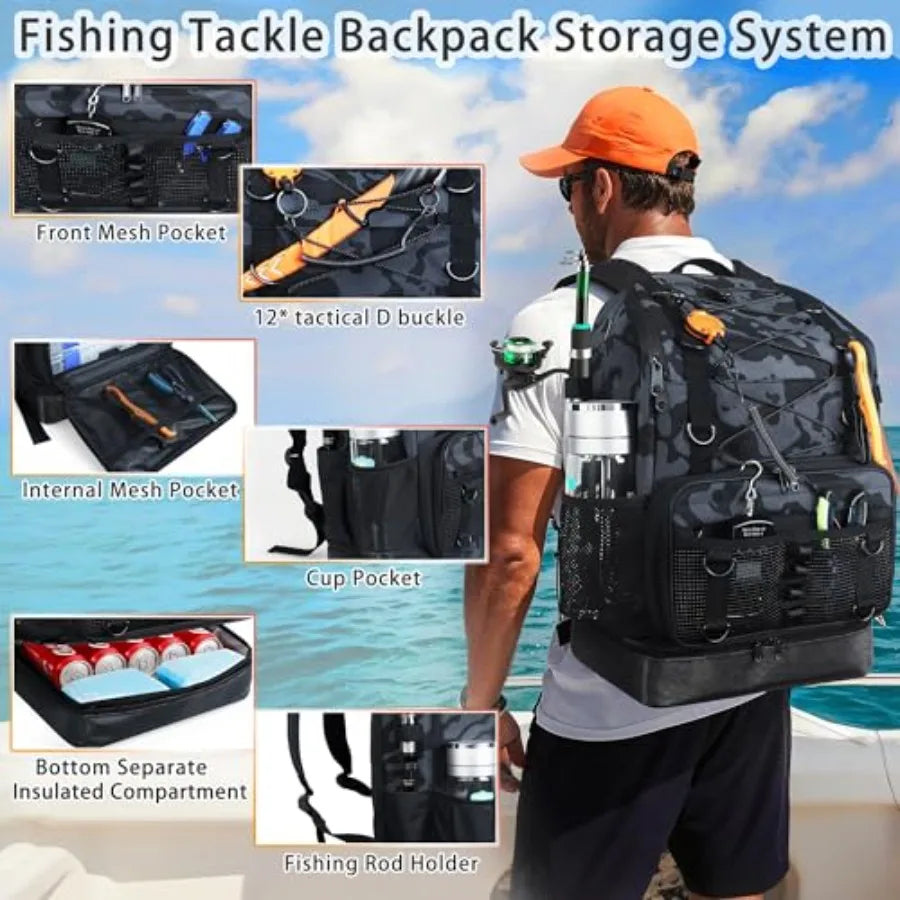 Fishing Backpack with Rod Holder Heavy Duty Fishing Bag with Waterproof Bottom Tackle Backpack Gifts for Man Woman