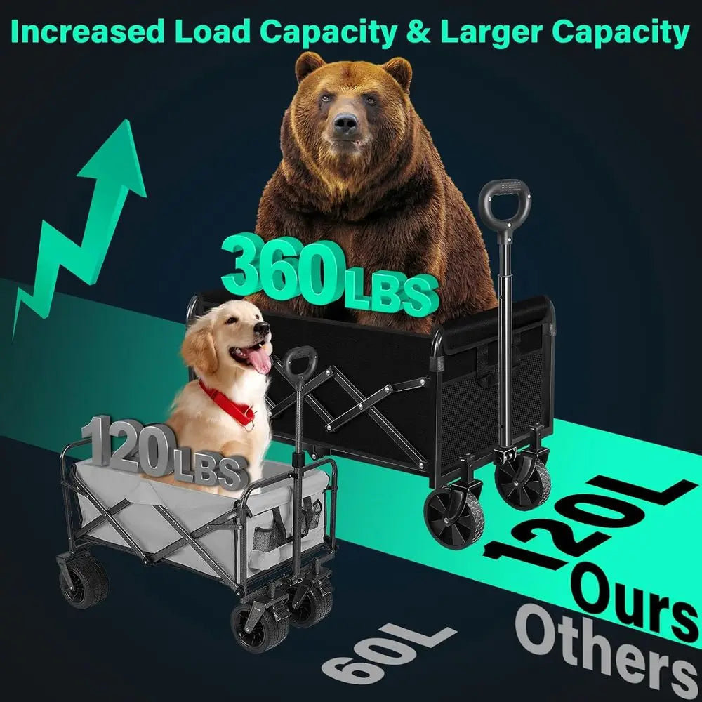 Collapsible Wagon Cart with Wheels, 360 Lbs Heavy Duty Folding Utility Wagon - Portable All Terrain Grocery Cart for Outdoor/Cam