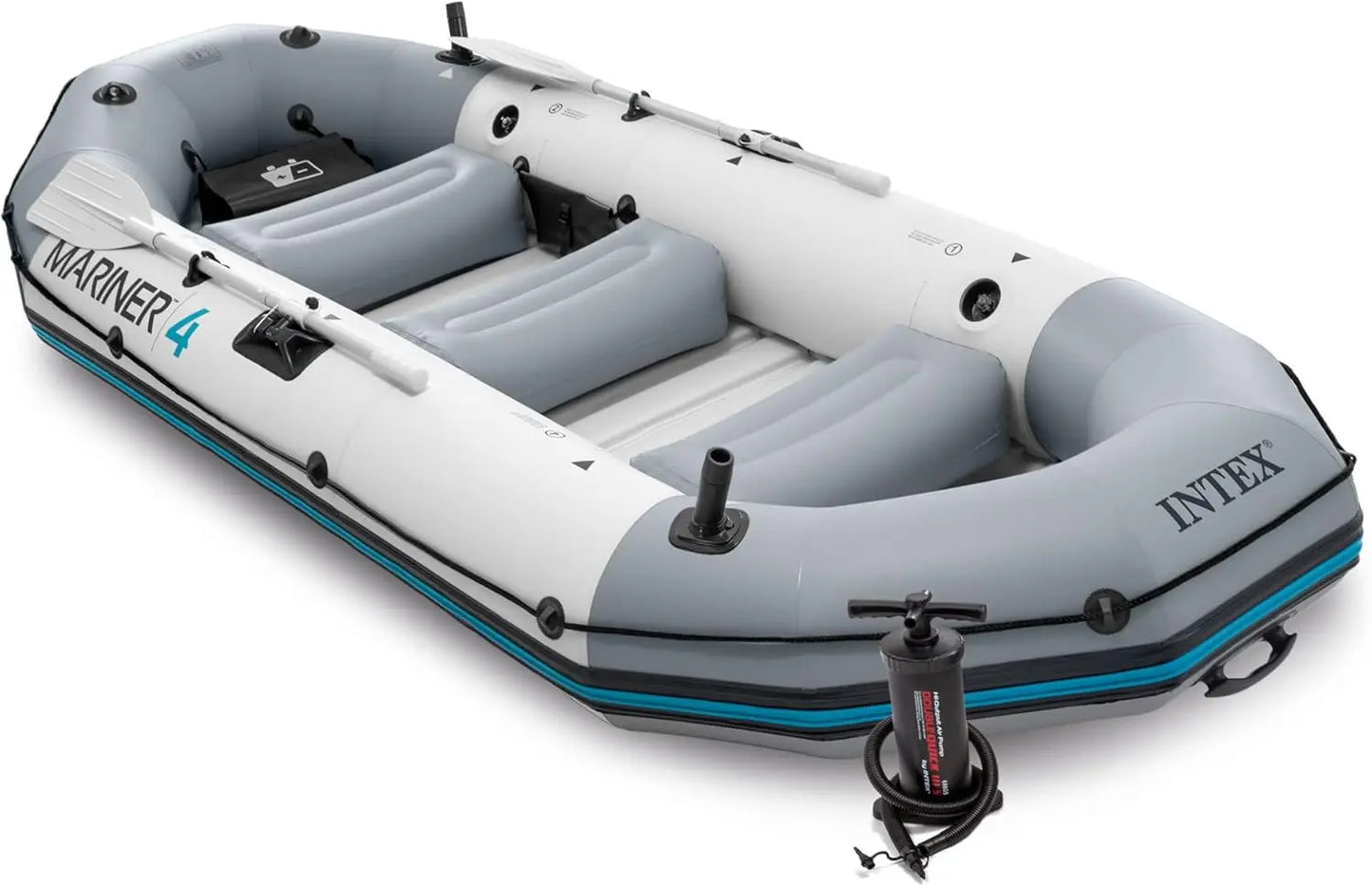 Inflatable Boat with Deluxe Oars and High-Output Pump, Heavy-Duty PVC, Wear-Resistant Keel, Removable Fishing Rod Holders, and Heavy Duty Grab Handle